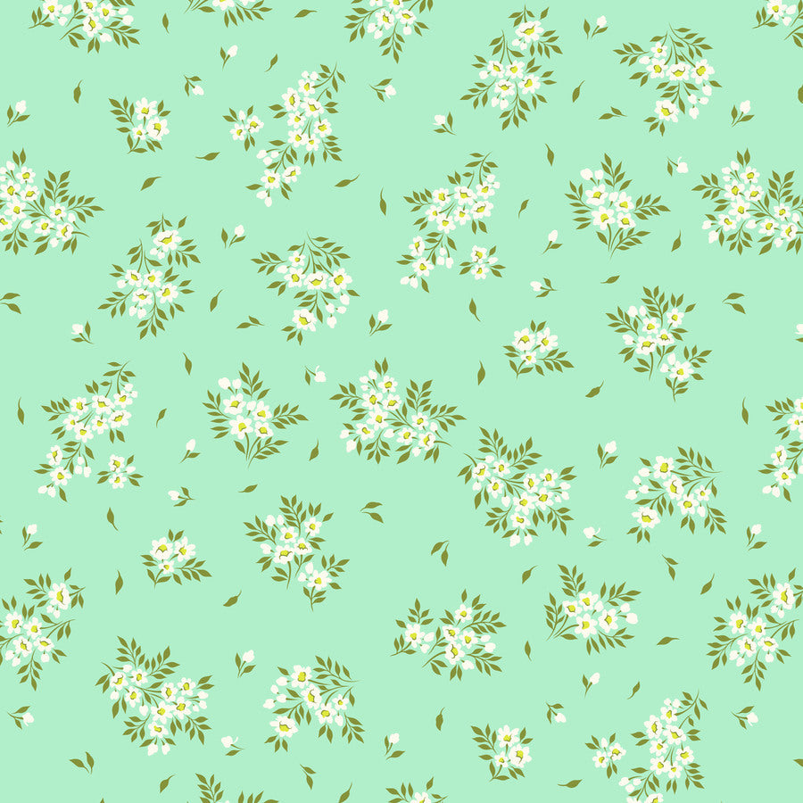 a green background with white flowers and green leaves