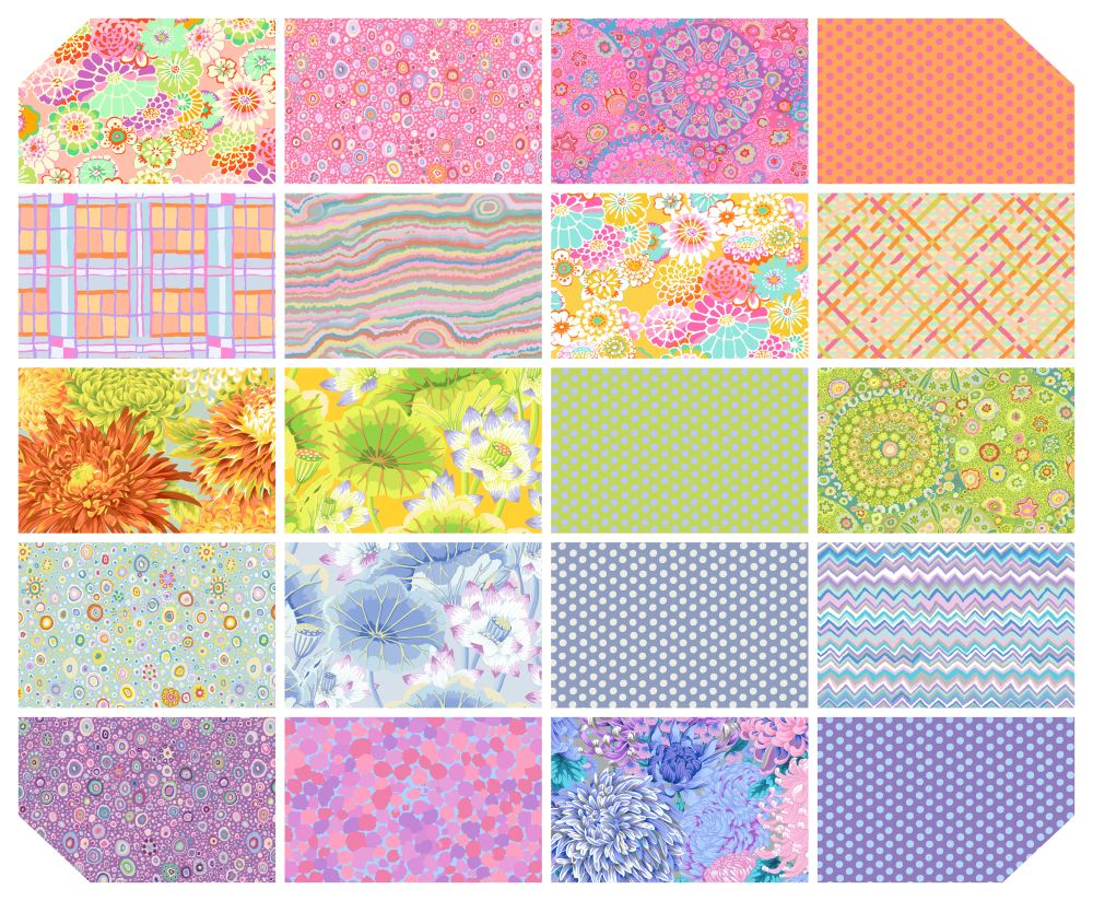 a collection of 16 different colorful and patterned fabric designs, including floral, geometric, and abstract patterns in various bright colors such as pink, orange, yellow, green, blue, and purple.