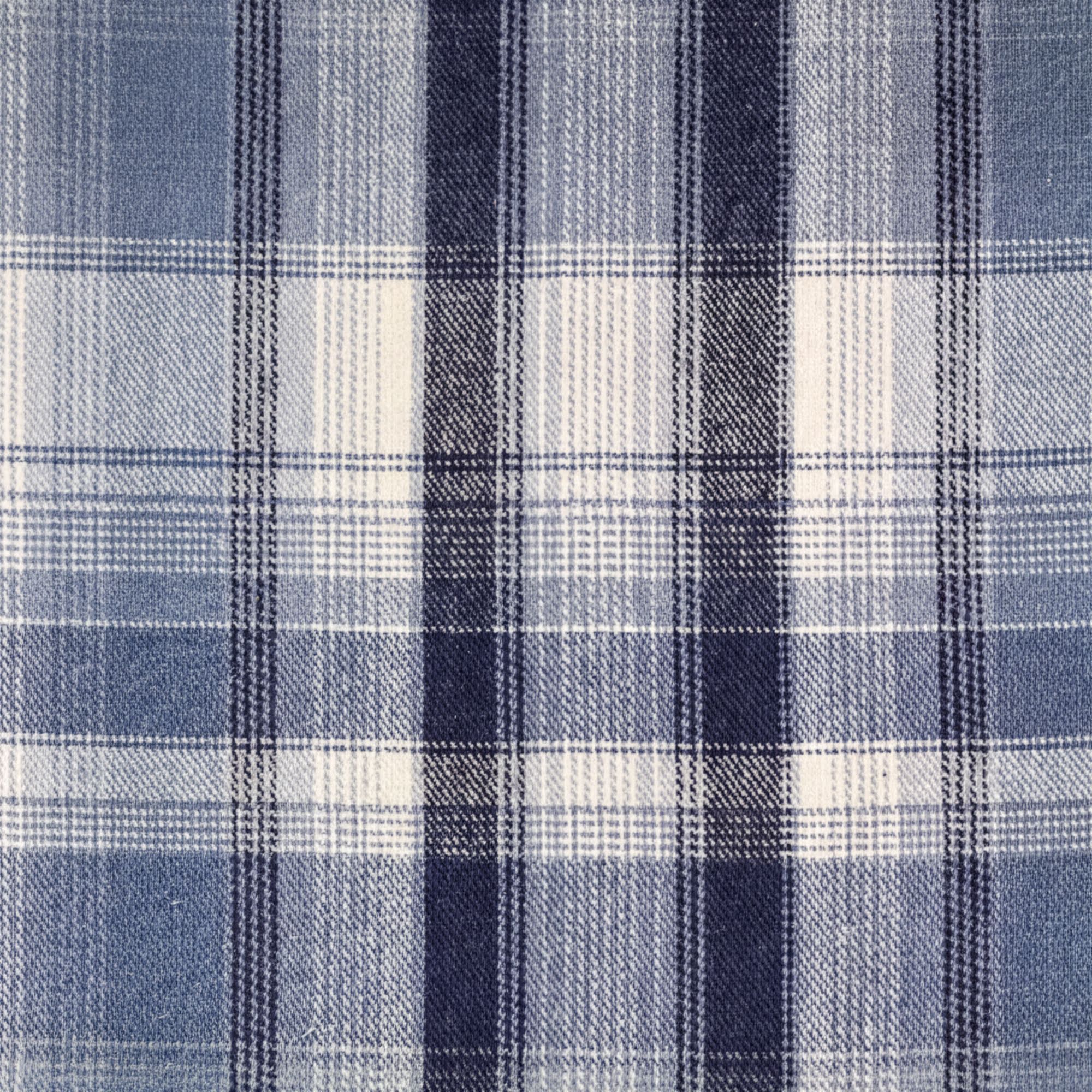 a close-up view of a fabric with a blue and white plaid pattern. The fabric has a grid-like texture, with vertical and horizontal lines creating a repeating pattern. The color scheme is predominantly blue and white, with some variations in shades of blue and white. The image does not contain any text or other objects, and the focus is solely on the fabric's pattern and texture.