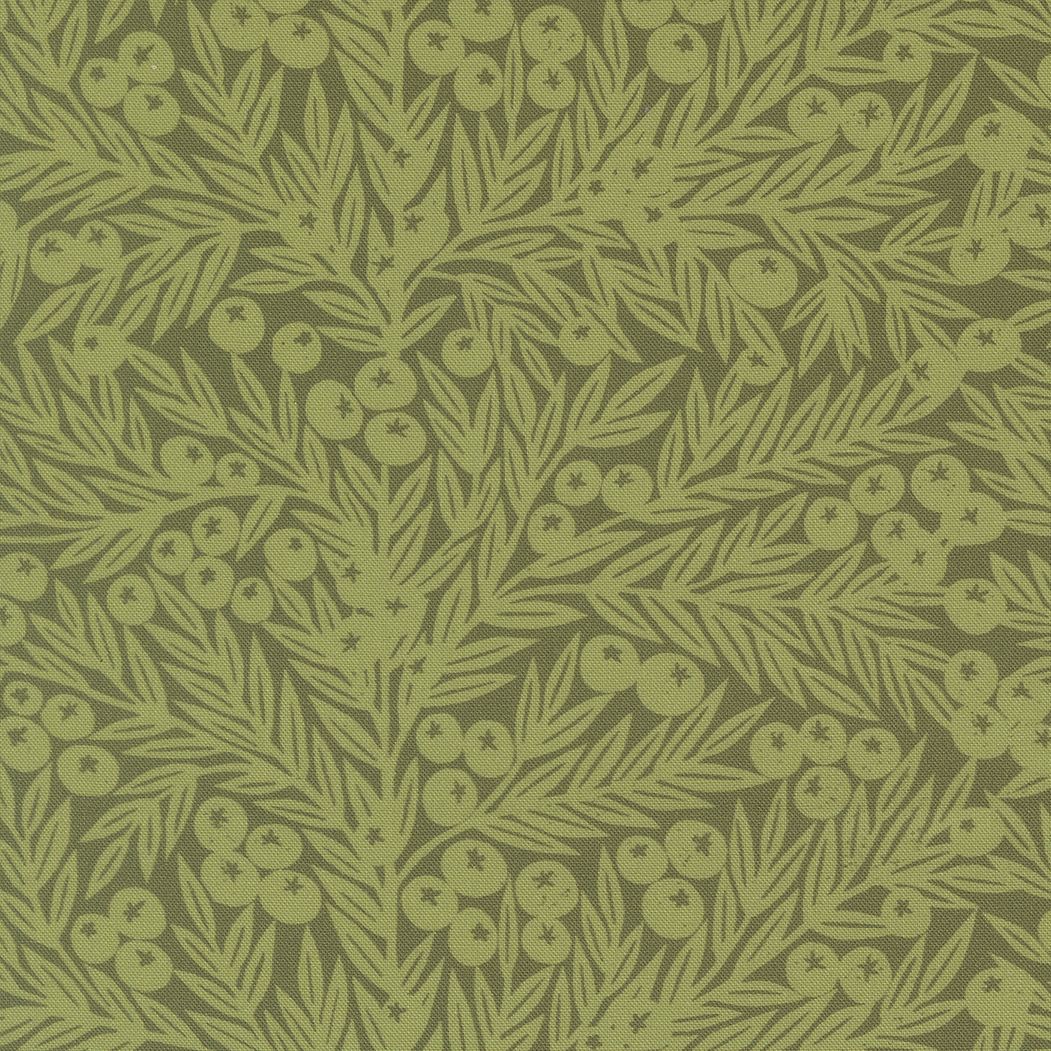 a repeating pattern of green leaves and small white berries or berries, creating a visually appealing and intricate design.