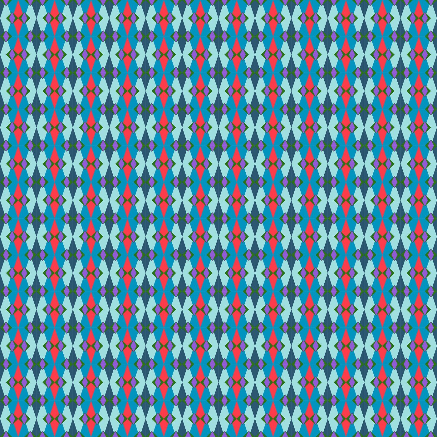 a repeating pattern of geometric shapes in various shades of blue, red, and green. The pattern consists of a series of diamond shapes arranged in a diagonal line, creating a sense of rhythm and movement across the image.