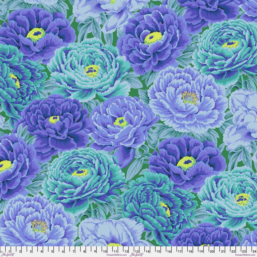 a vibrant and colorful floral pattern with a variety of blue, purple, and green flowers. The flowers are arranged in a repeating pattern, creating a visually striking and harmonious design.
