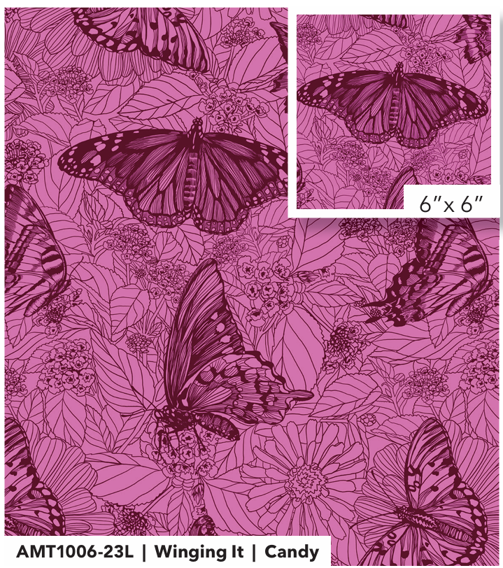 The image is a collage of multiple images featuring butterflies and flowers in shades of pink and purple. The collage includes a close-up of a butterfly and a larger image of a butterfly in flight. The collage is titled "AMT1006-23L | Winging It | Candy" and is described as a "6" x "6" square.