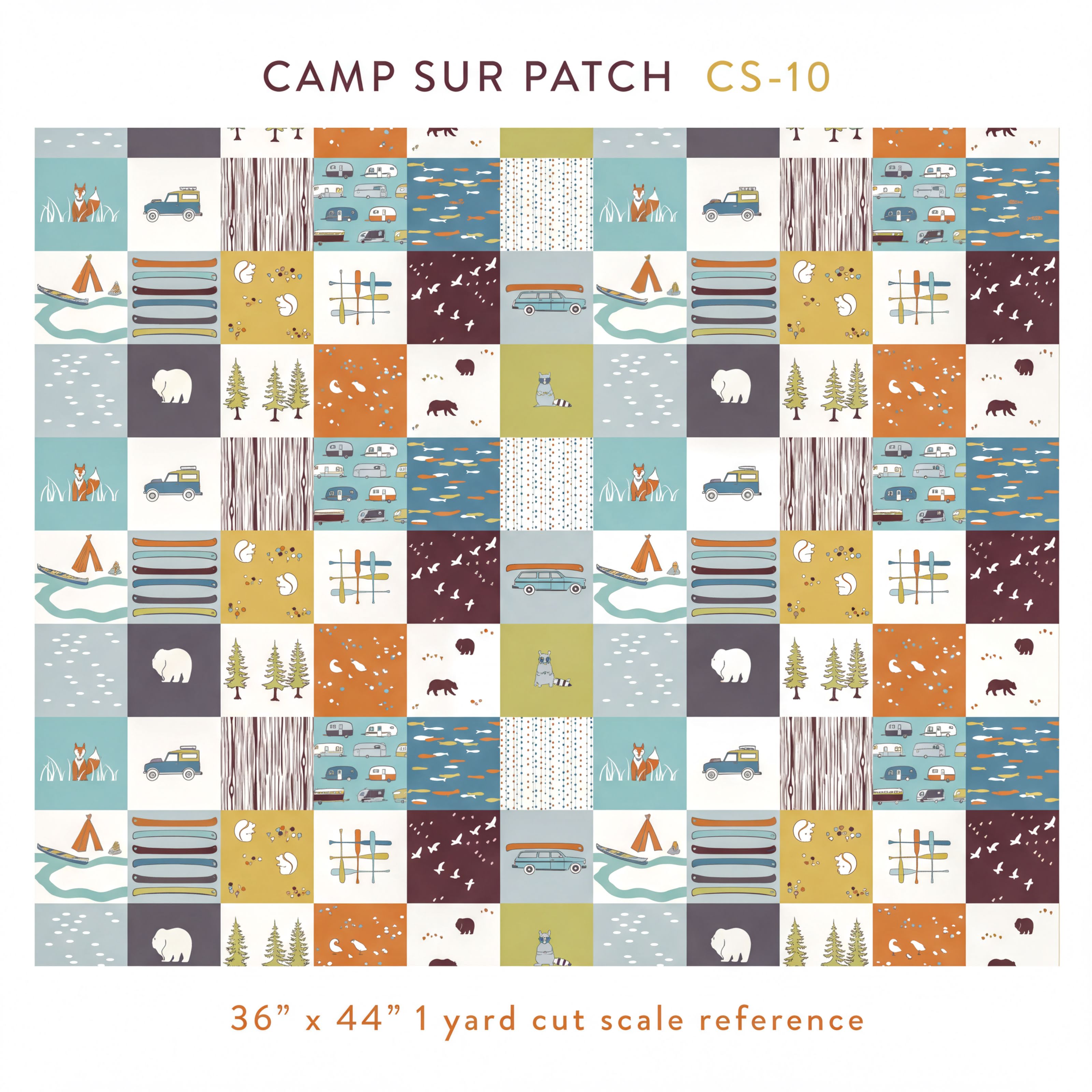 The image is a collage of various images depicting different elements of nature, such as animals, vehicles, and landscapes, arranged in a grid-like pattern. The collage is designed to resemble a quilt or patchwork, with each image contributing to the overall composition. The image is described as a 36" x 44" 1 yard cut scale reference, indicating the size and dimensions of the quilt or patchwork.