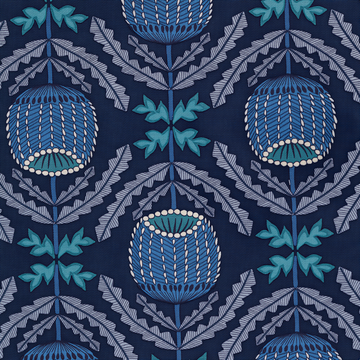 a repeating pattern of blue and white flowers with green leaves against a dark blue background.