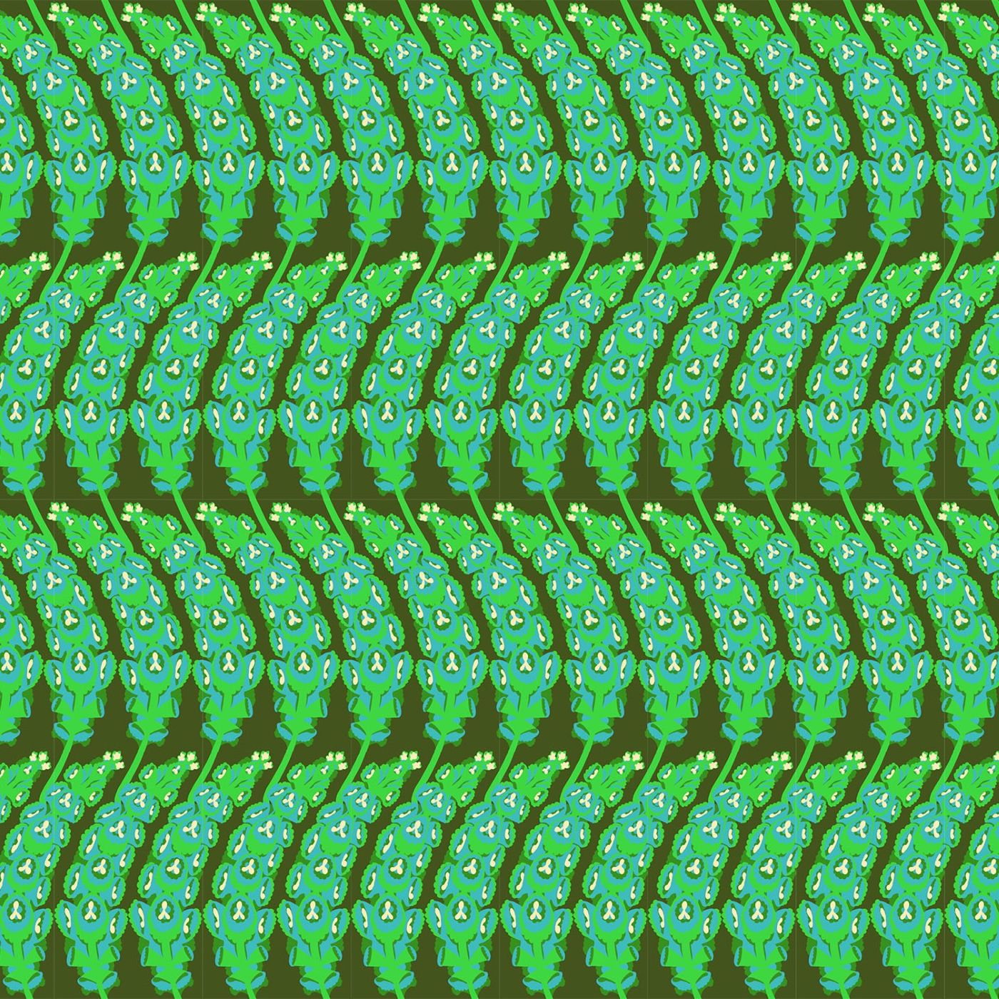 a repeating pattern of green and white flowers or leaves arranged in a diagonal line across a dark background.