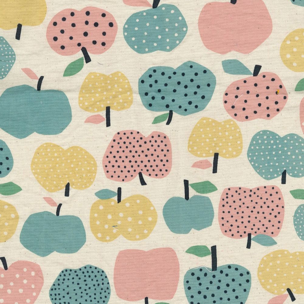 a repeating pattern of stylized apples in various pastel colors, including pink, blue, yellow, and green.