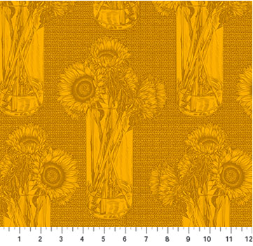 a yellow background with sunflowers in vases