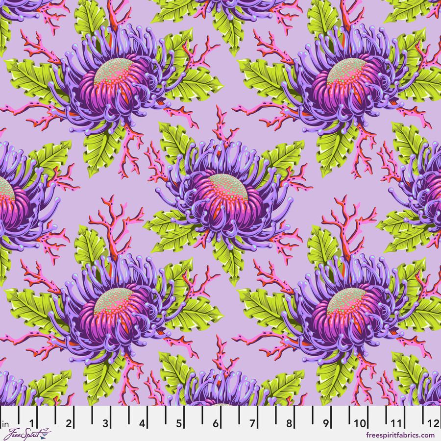 a repeating pattern of purple flowers with green leaves and red stems against a purple background.