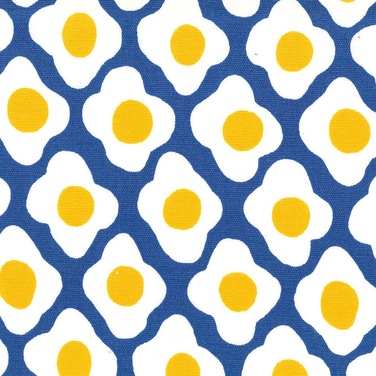 a repeating pattern of white and yellow egg shapes on a blue background.