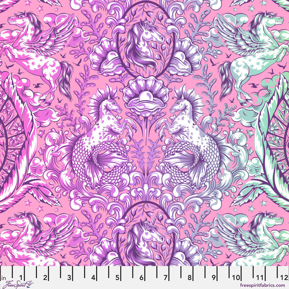 The image is a vibrant and intricate pattern featuring various fantastical creatures and elements, including unicorn, mermaid, and winged horses, all set against a pink and purple background.