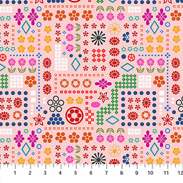 The image is a vibrant and colorful pattern featuring various shapes, flowers, and geometric designs in shades of pink, orange, green, and blue.