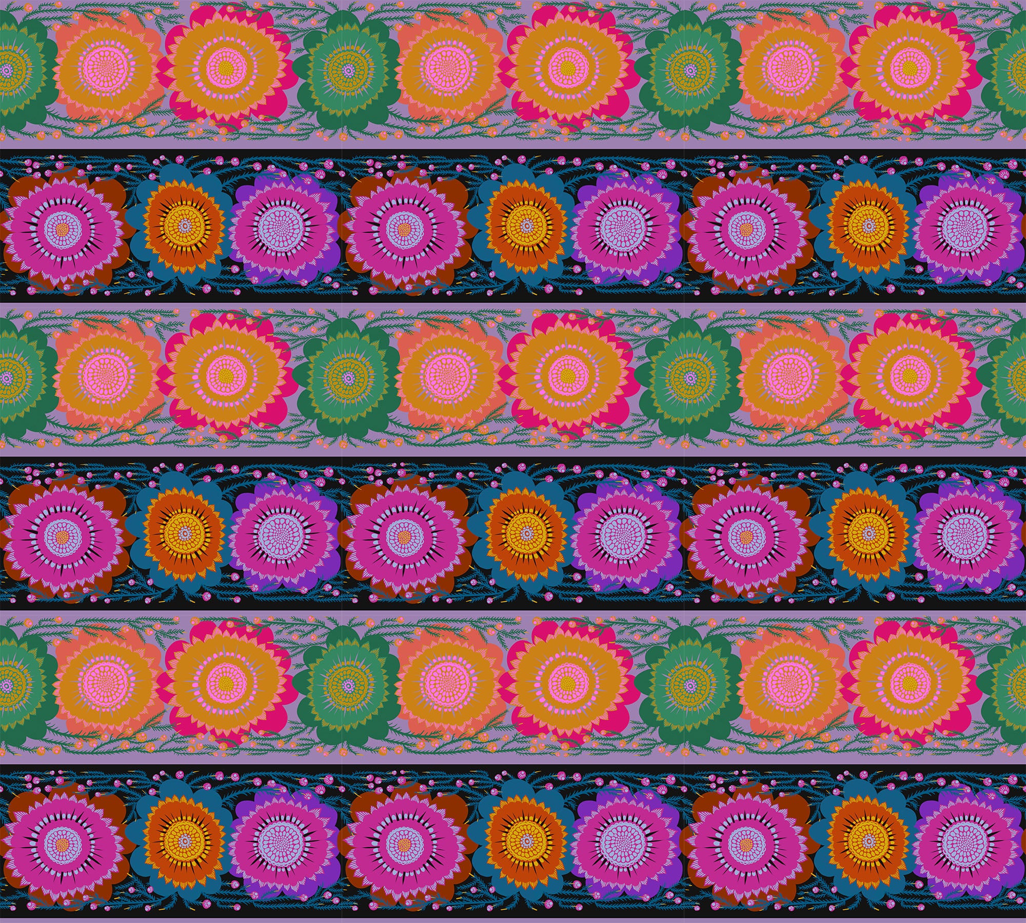 a repeating pattern of colorful flowers with circular centers, arranged in a horizontal row. The flowers display a variety of colors, including shades of pink, orange, green, and purple. The pattern repeats across the entire image, creating a visually striking and vibrant design.