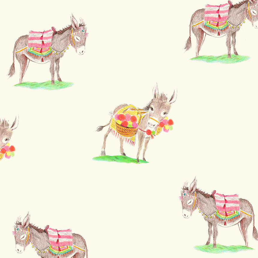 a repeating pattern of five donkeys, each with different colored blankets and accessories, such as flowers and ribbons, on their backs.