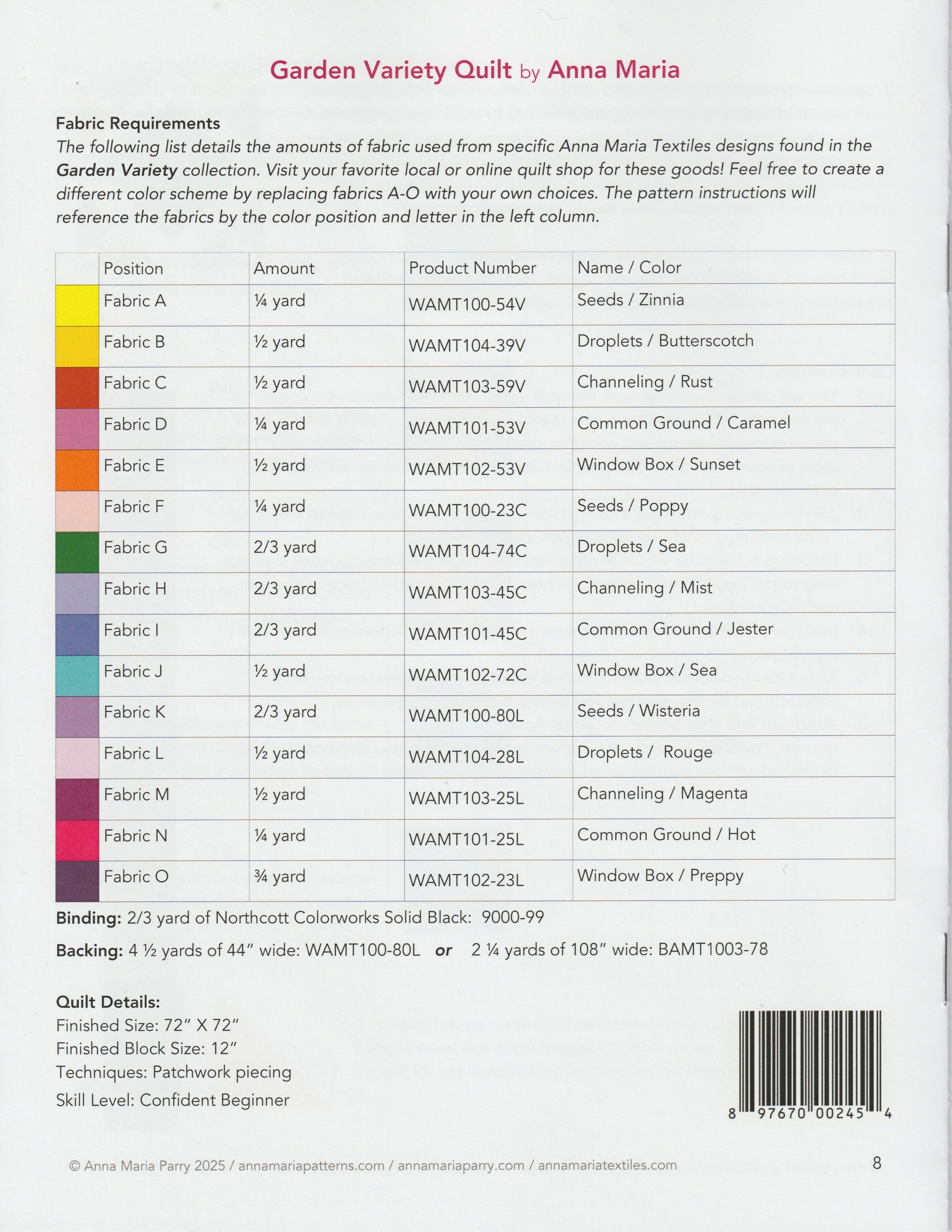 The image is a collection of fabric swatches, each with different colors and patterns, used to create a quilt. The quilt is designed by Anna Maria Fabrics, and the quilt details include the binding, finished block size, techniques for patchwork piecing, and the skill level of the quilter.