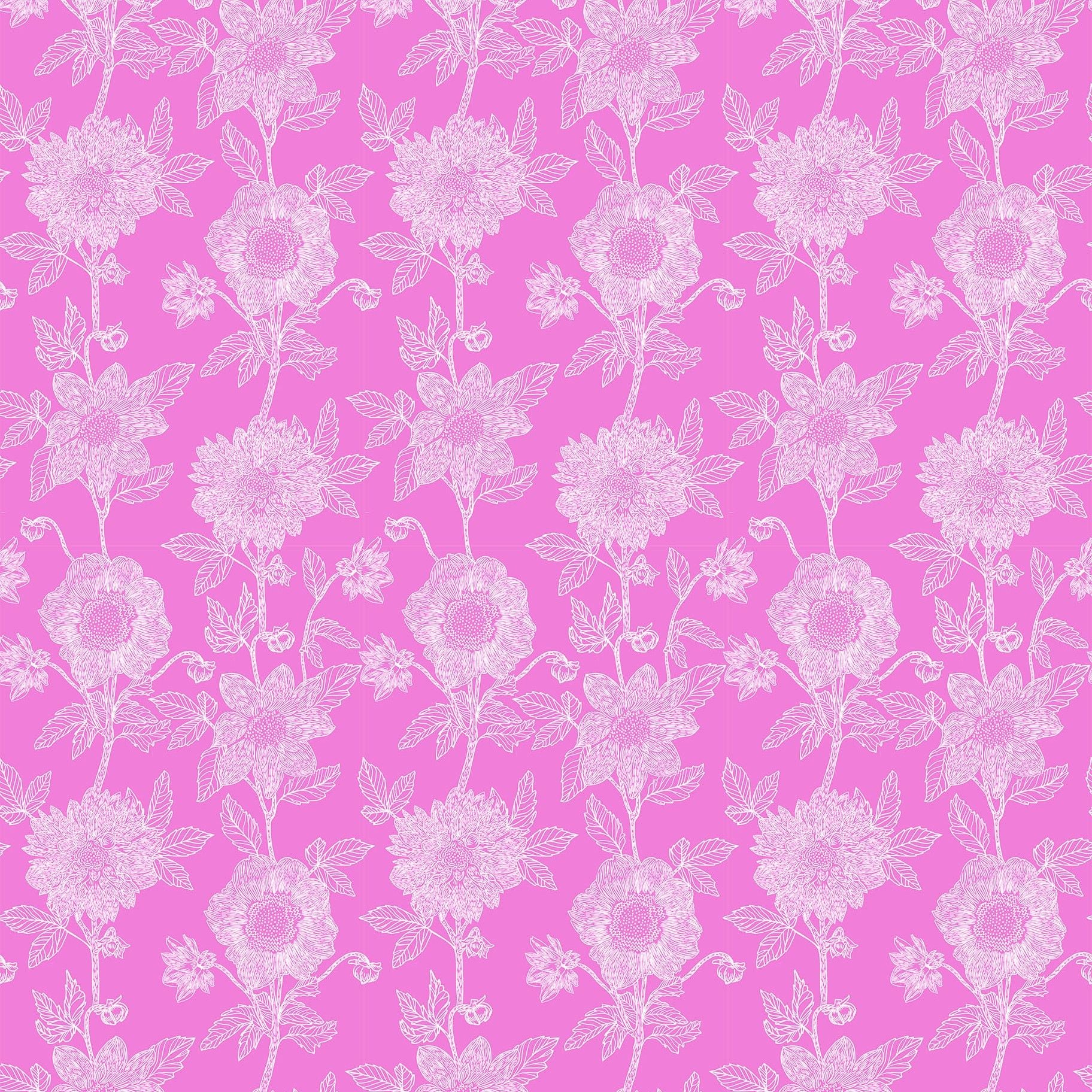 a repeating pattern of white flowers with green leaves against a pink background.