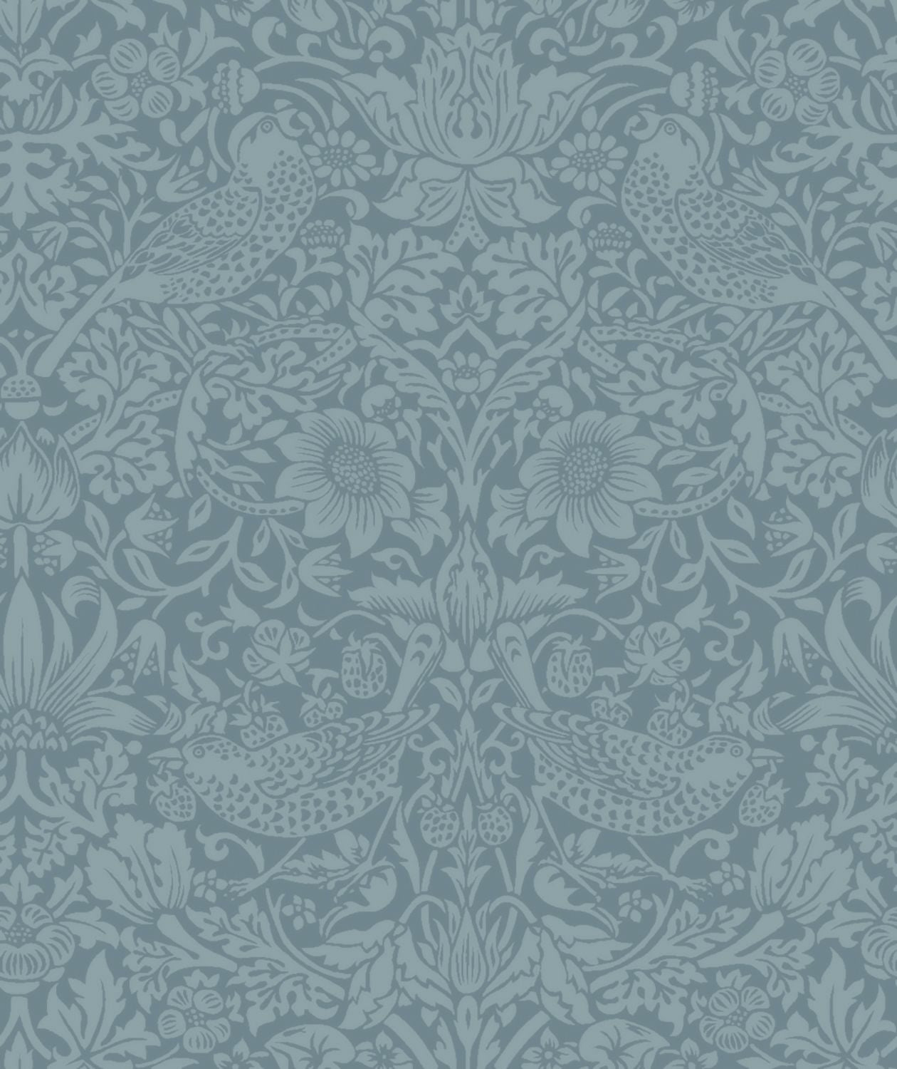 a repeating pattern of stylized floral and bird designs in shades of blue and gray. The pattern is intricate and detailed, with the flowers and birds appearing in various sizes and orientations throughout the design. The overall composition creates a sense of depth and complexity, making the image visually engaging and interesting.