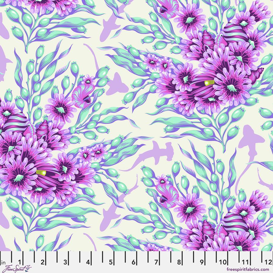 a vibrant and colorful floral pattern with purple and green flowers and leaves against a light background.