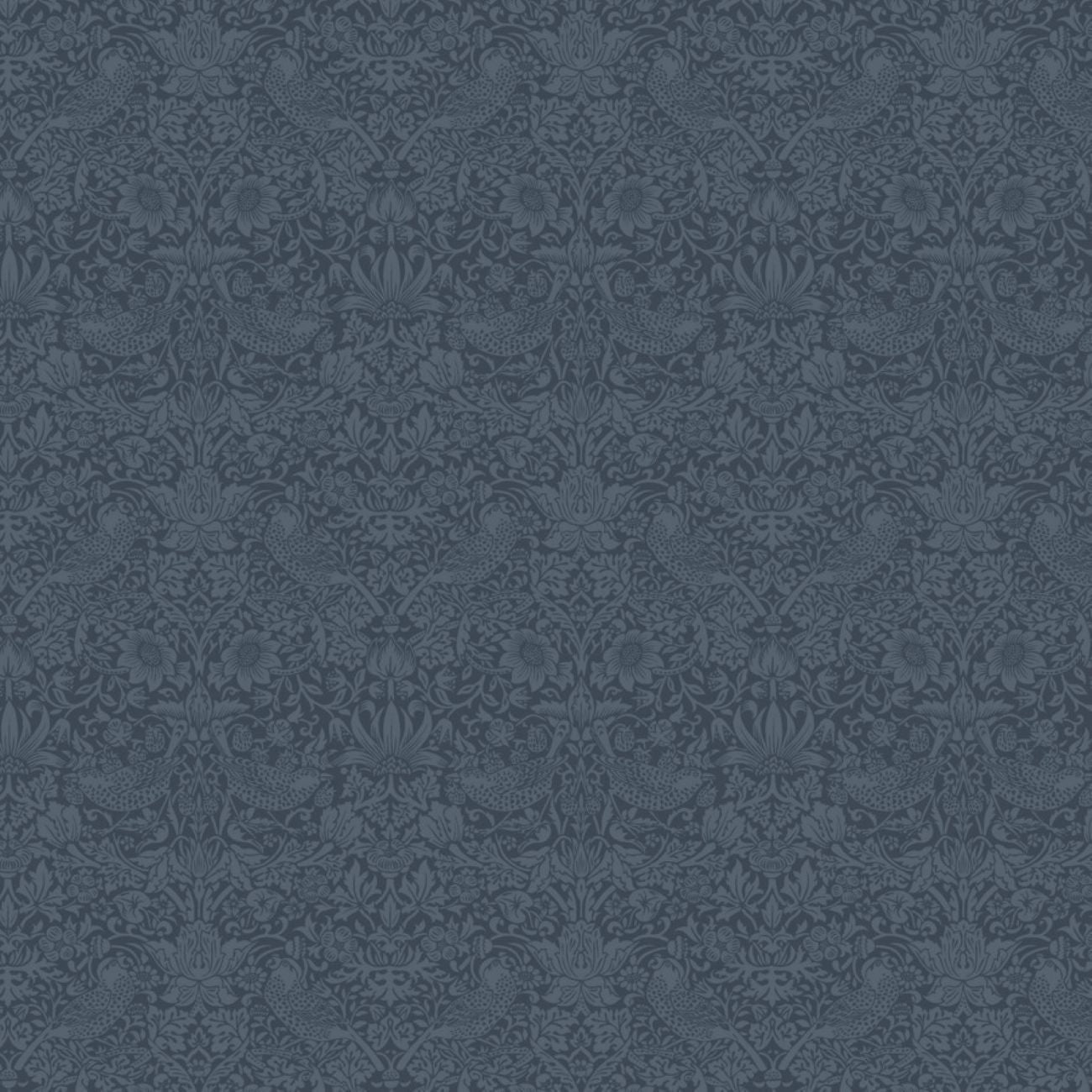a repeating pattern of a dark blue floral design with a repeating motif of stylized flowers and leaves.