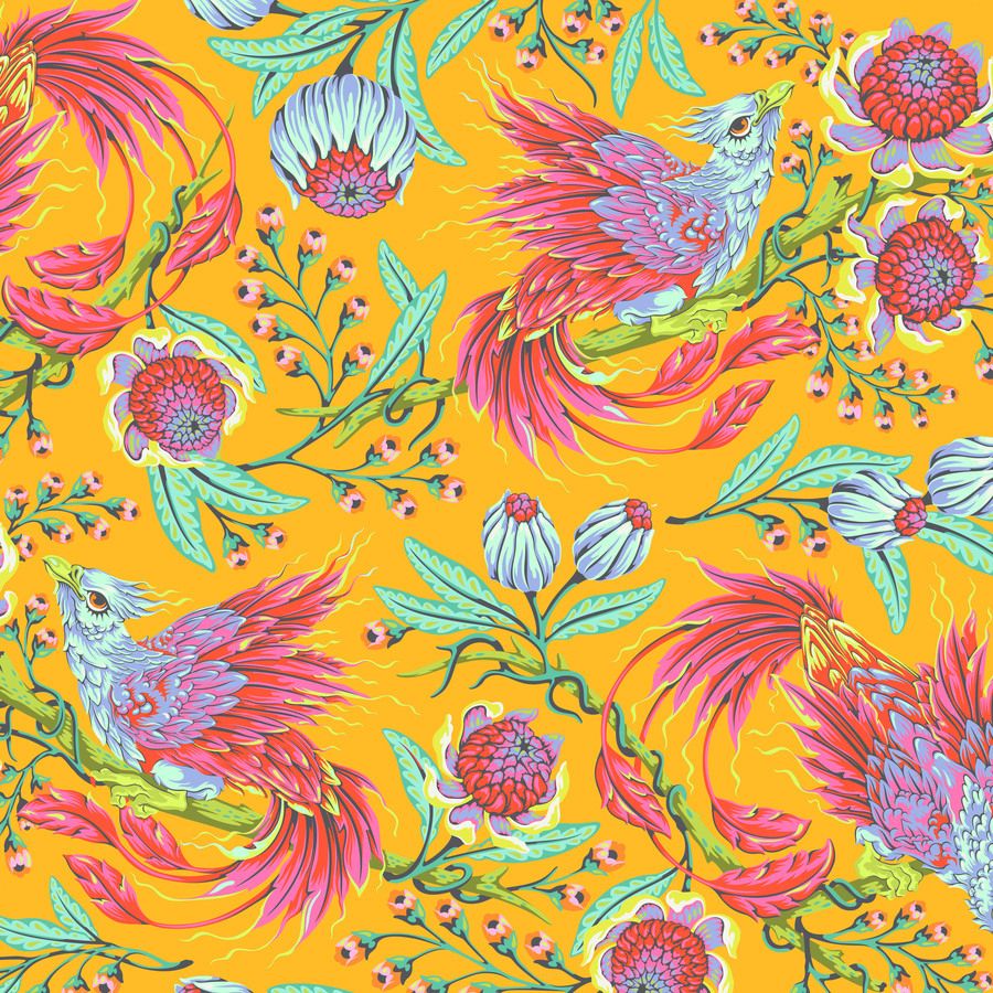 The image is a vibrant and colorful pattern featuring stylized birds, flowers, and leaves in shades of pink, blue, green, and yellow against a bright yellow background.
