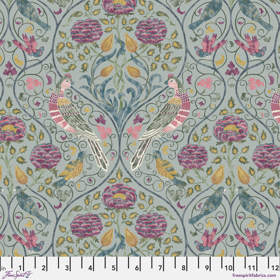 a blue and pink wallpaper with two birds on it