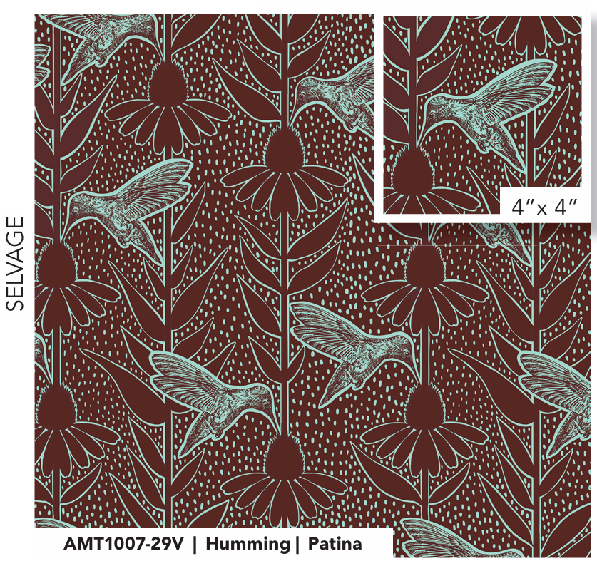 The image is a repeating pattern of hummingbirds and flowers in shades of brown and green. The pattern is composed of multiple smaller images of hummingbirds and flowers, creating a visually cohesive and intricate design.