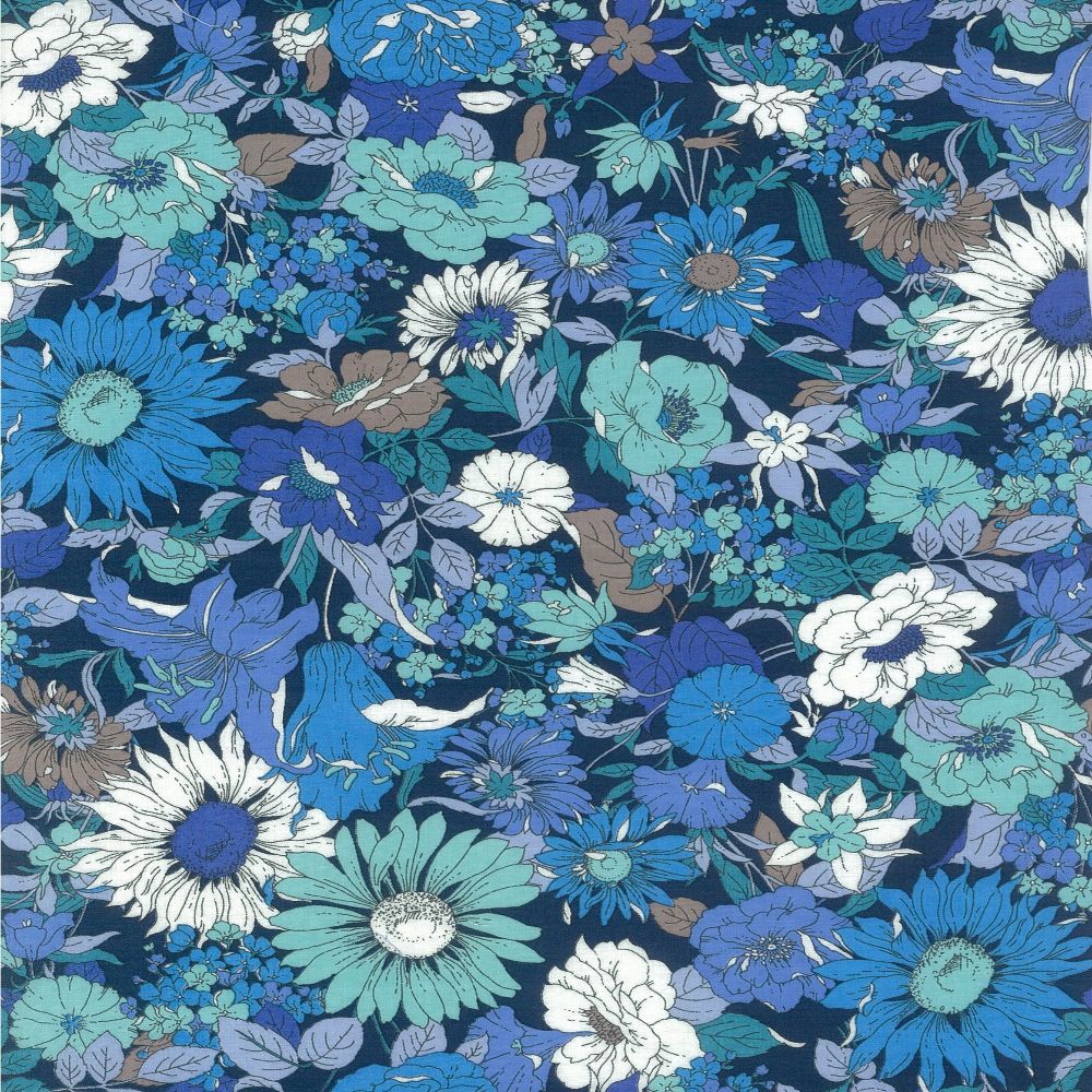 The image is a vibrant and colorful collage of various flowers and foliage in shades of blue, white, and brown. The flowers are arranged in a visually striking and intricate manner, creating a captivating and eye-catching pattern.