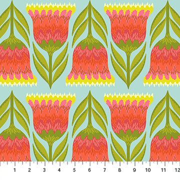 a repeating pattern of stylized flowers in shades of red, green, and yellow against a light blue background.