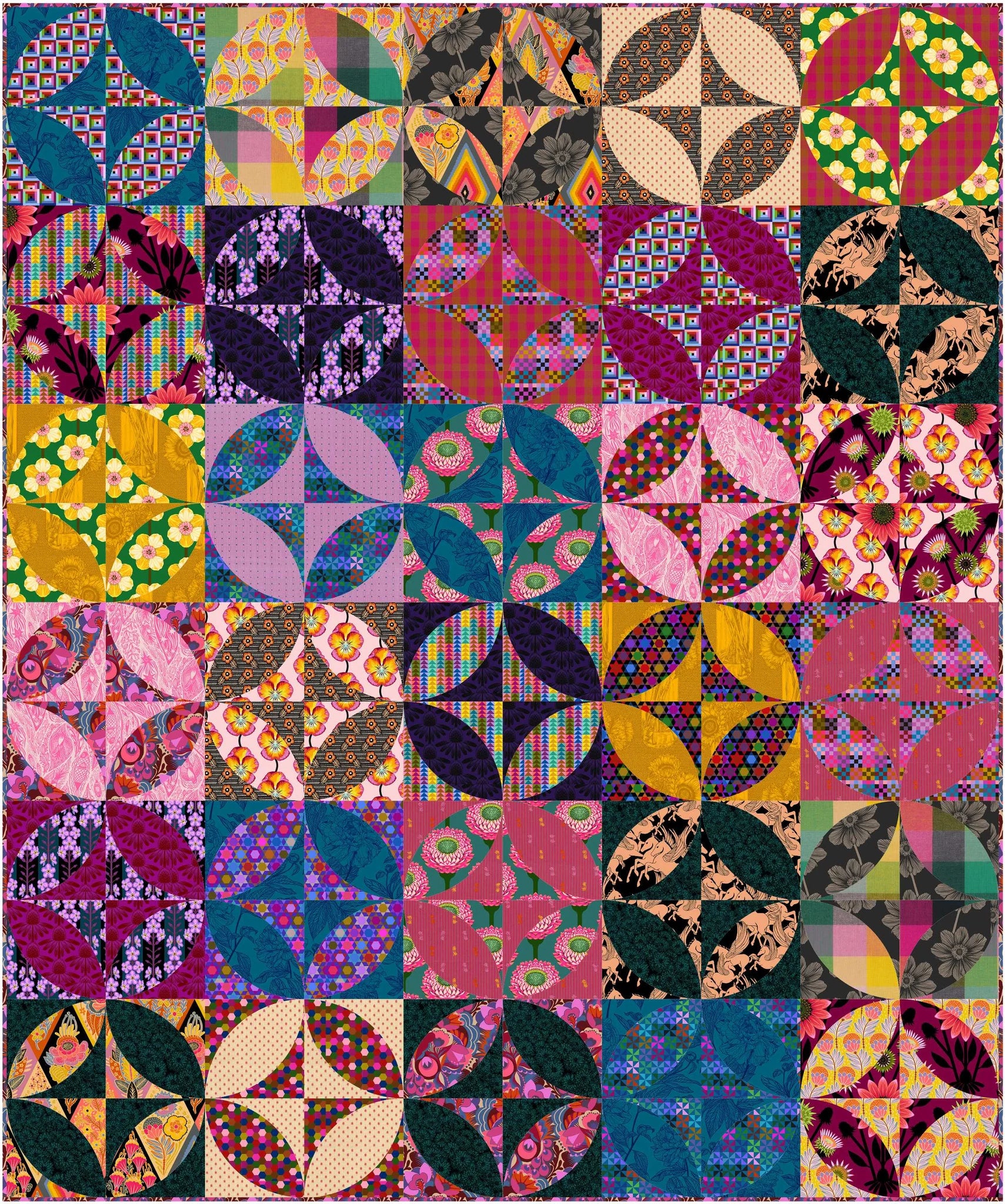 The image is a vibrant and colorful collage of various patterns and designs, including circles, squares, and floral motifs, arranged in a visually striking manner.