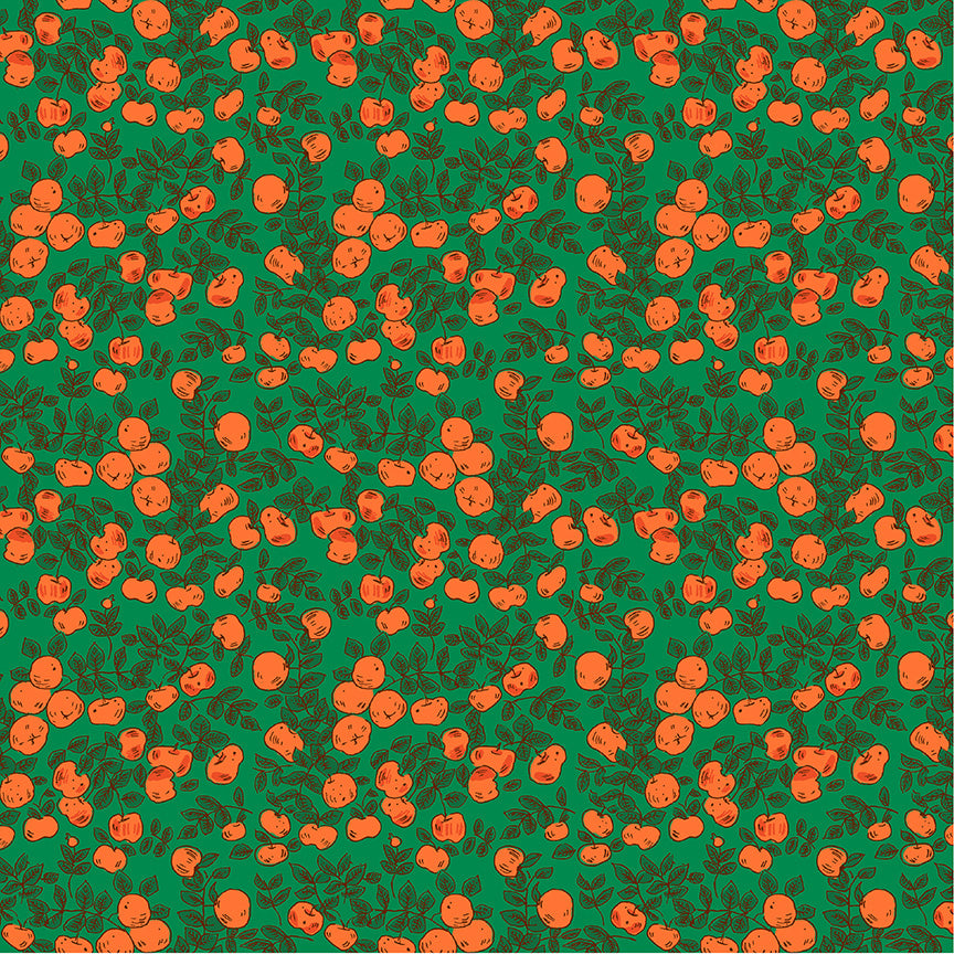 a green background with orange flowers on it