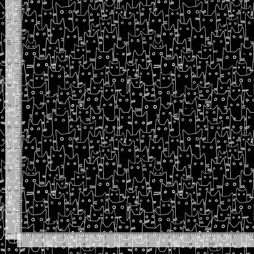 The image is a repeating pattern of black cats with white eyes, creating a visually striking and cohesive design.