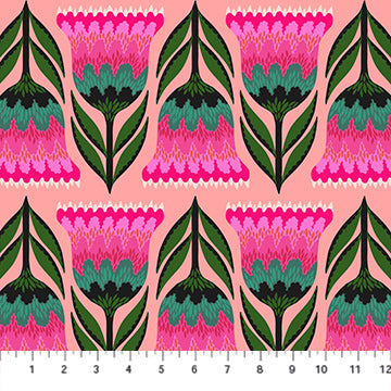 a repeating pattern of pink and green flowers with green leaves, arranged in a grid-like fashion.