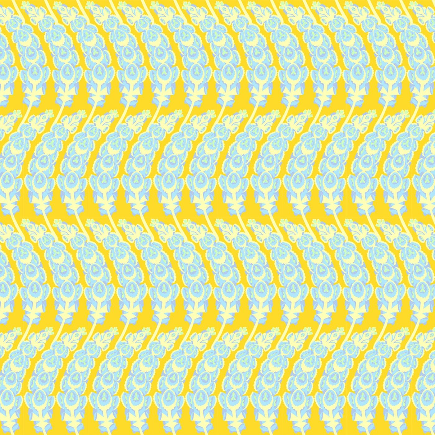 a repeating pattern of blue and yellow flowers or leaves on a yellow background.