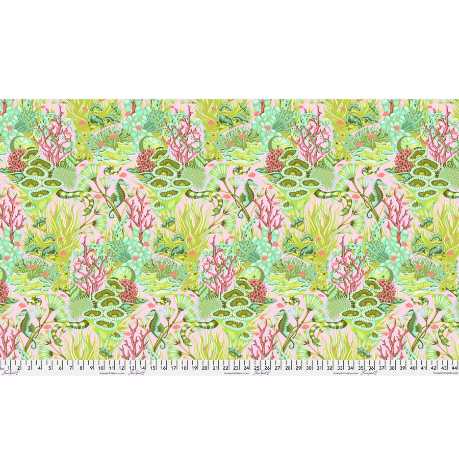 The image is a vibrant and colorful pattern featuring various marine life and underwater elements, such as sea creatures, plants, and coral formations, all rendered in shades of green, pink, and yellow.