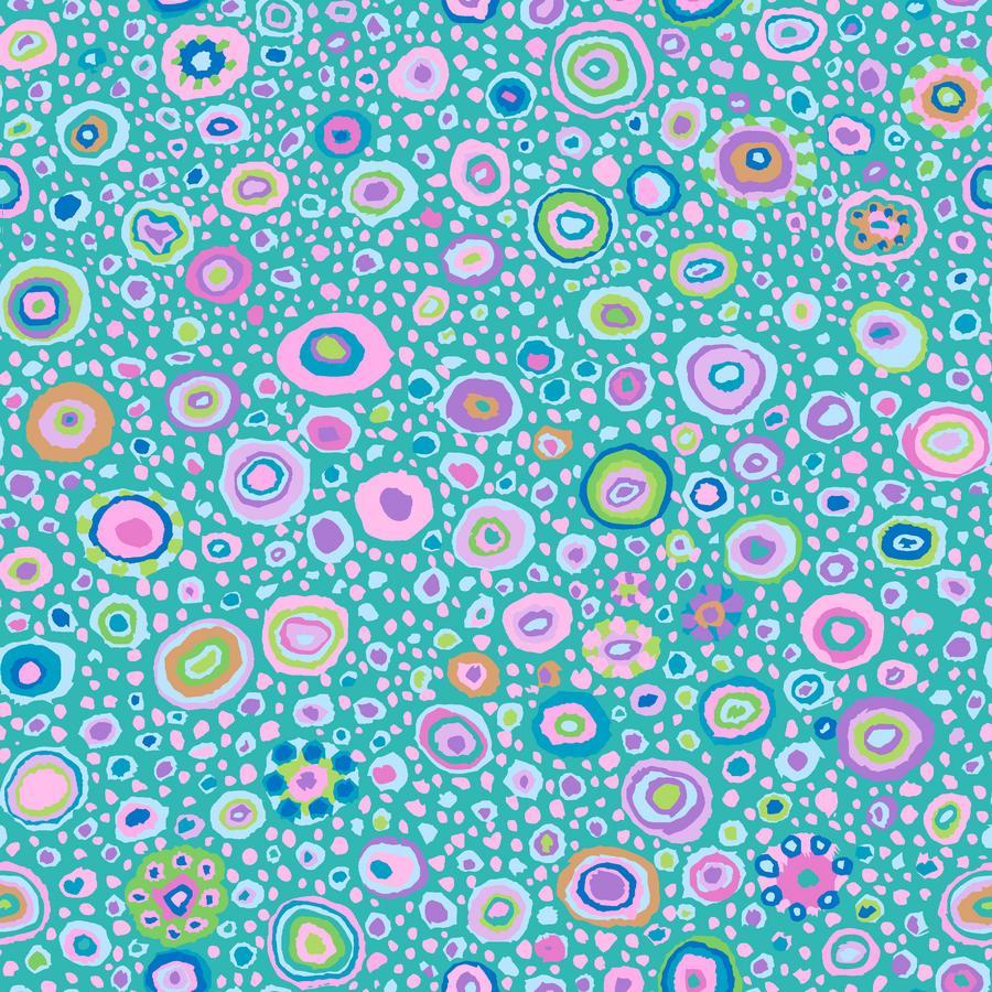 The image is a vibrant and colorful abstract pattern composed of various shapes and sizes of circles and dots in a variety of bright and pastel colors, including shades of pink, blue, green, yellow, and orange. The pattern appears to be a seamless design with no visible seams or edges, giving it a fluid and organic feel.