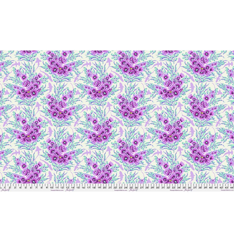 a repeating pattern of purple flowers on a light background.