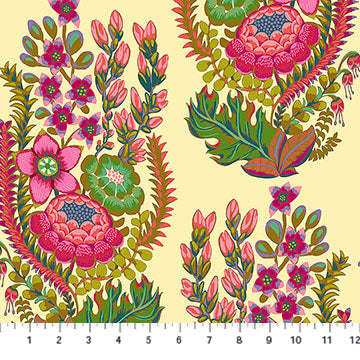The image is a vibrant and colorful floral pattern featuring various flowers and leaves in shades of pink, green, and yellow.