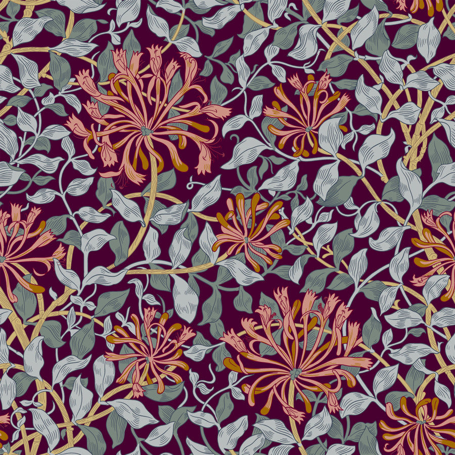 a pattern of flowers and leaves on a purple background