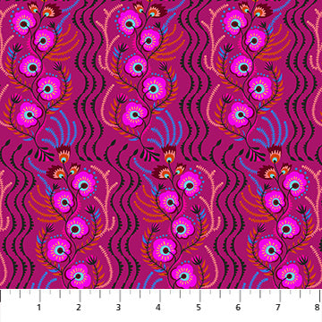 The image is a repeating pattern of pink flowers with black stems and leaves against a dark pink background.