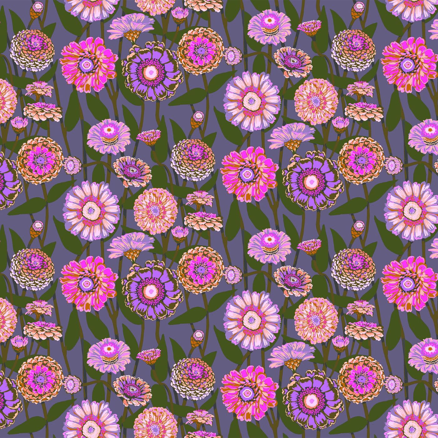 The image is a repeating pattern of various colorful flowers and leaves in shades of pink, purple, and green against a dark background.