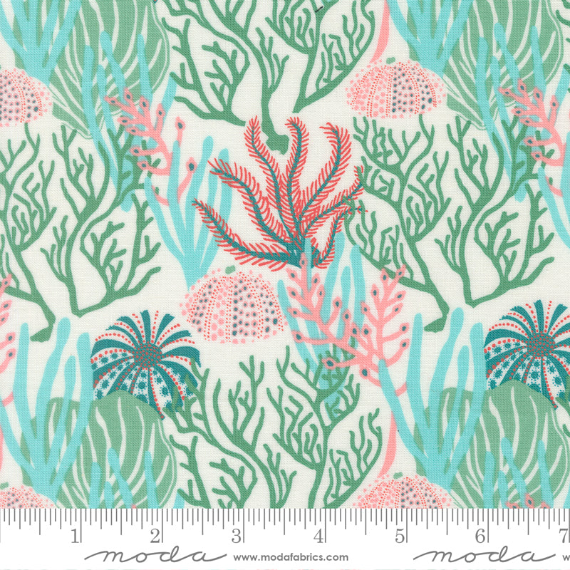 a vibrant and colorful underwater scene with various marine life elements, including coral, seaweed, and sea creatures. The pattern is a repeating design of these elements, creating a lively and dynamic visual effect.