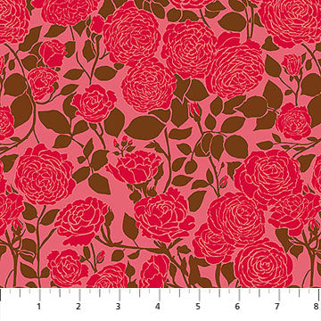 a repeating pattern of red roses against a pink background.