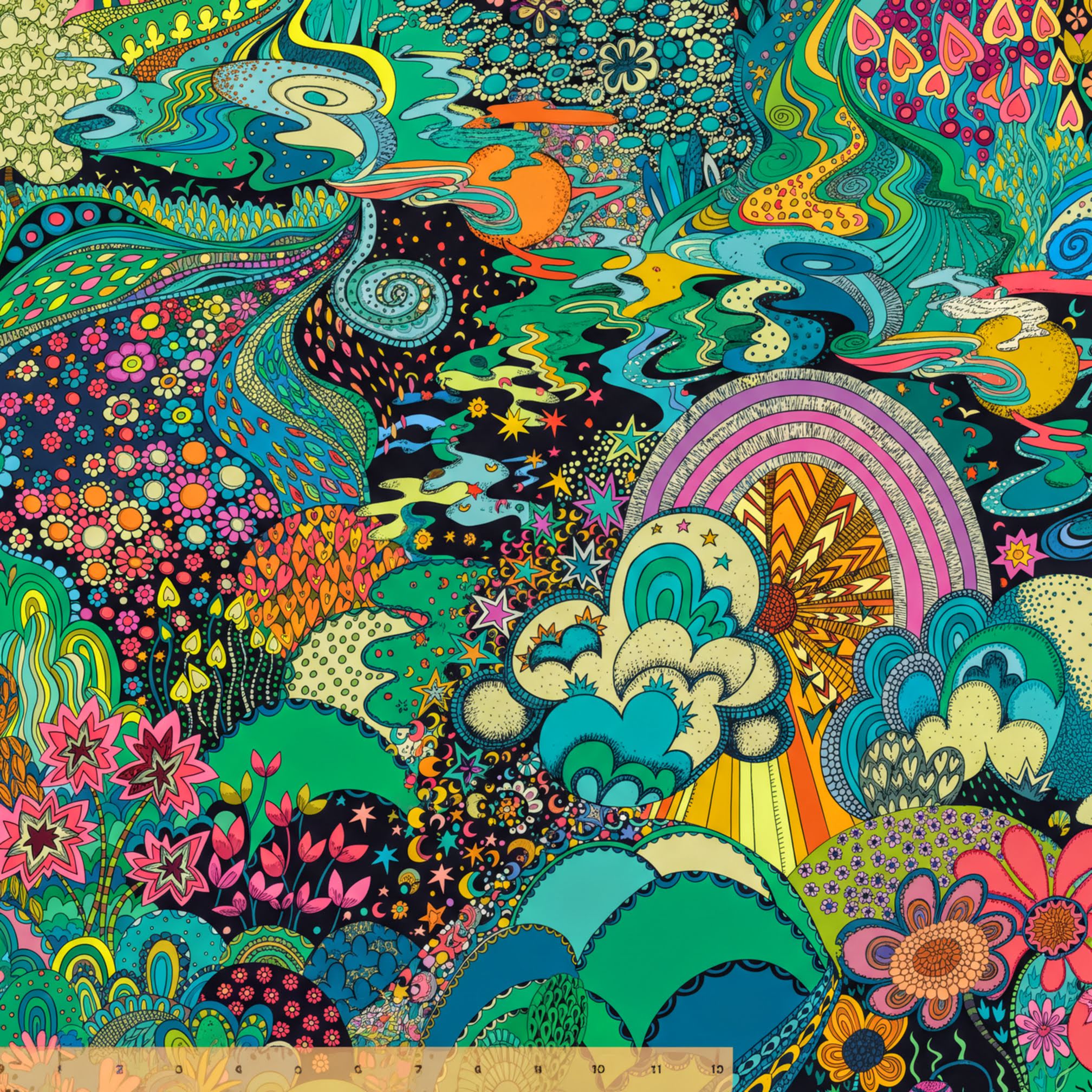 The image is a vibrant, colorful, and intricate collage featuring a variety of abstract shapes, patterns, and designs in a range of bright and vivid colors, including blues, greens, pinks, oranges, and yellows. The composition is visually striking and captivating, with a sense of depth and complexity that draws the viewer's eye across the entire image.