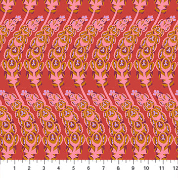 The image is a repeating pattern of pink and orange floral designs on a red background.