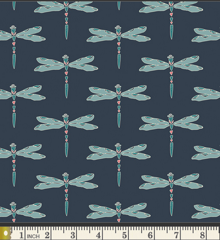 a repeating pattern of stylized dragonflies or similar insects against a dark blue background.