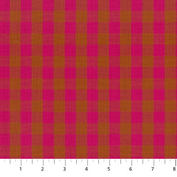 The image is a fabric with a repeating pattern of pink and brown squares, creating a checkered design.