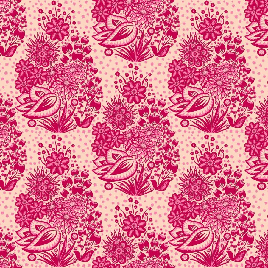 a repeating pattern of pink flowers and leaves against a light pink background.