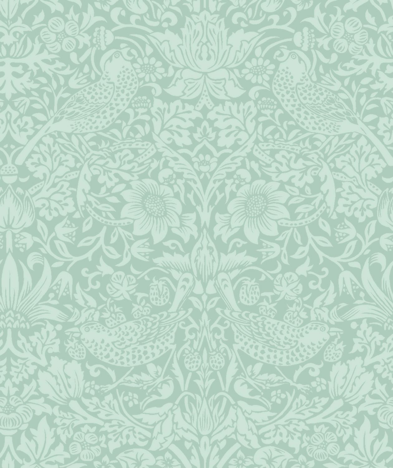 a repeating pattern of white floral and bird designs on a light green background.