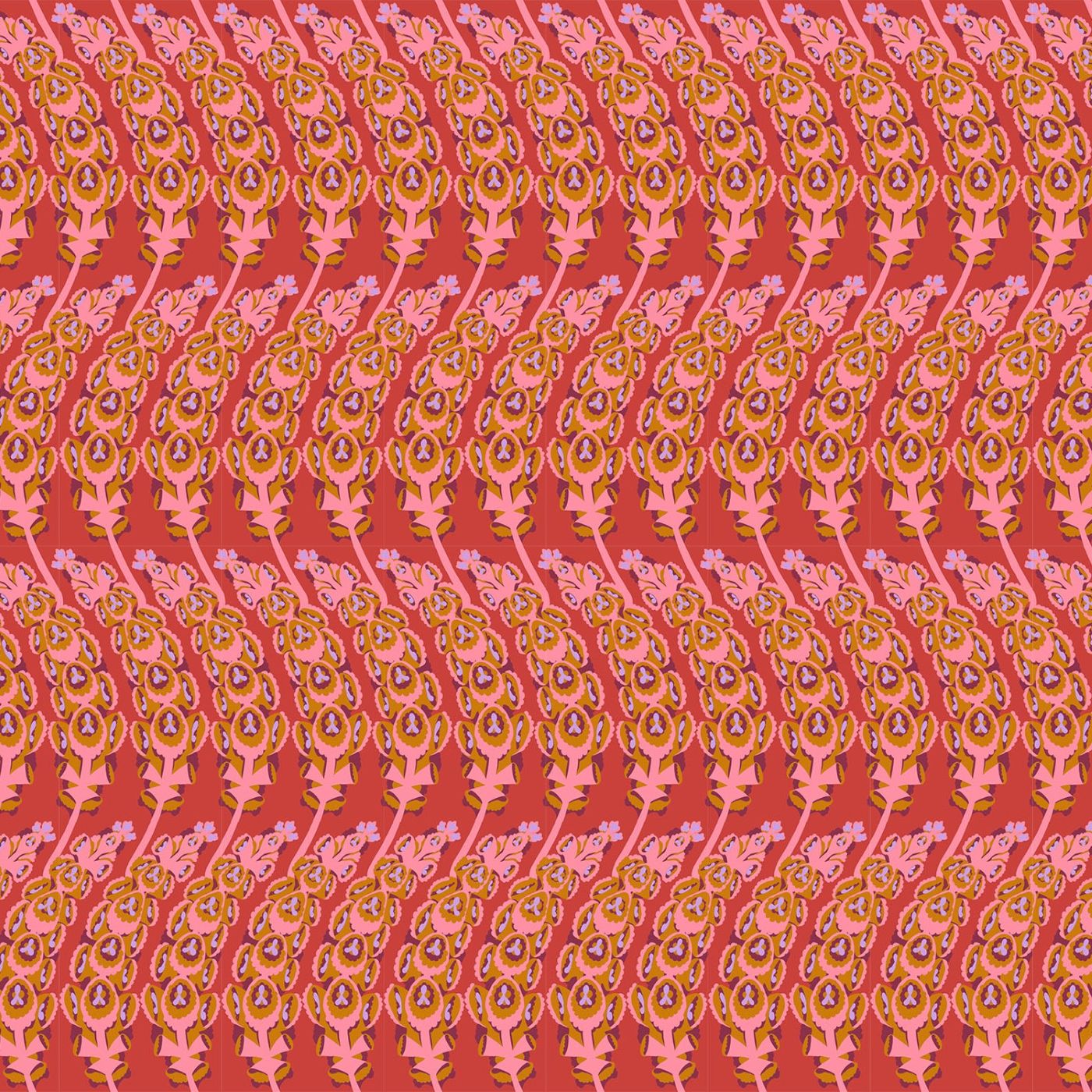 a repeating pattern of pink and orange floral designs on a red background.