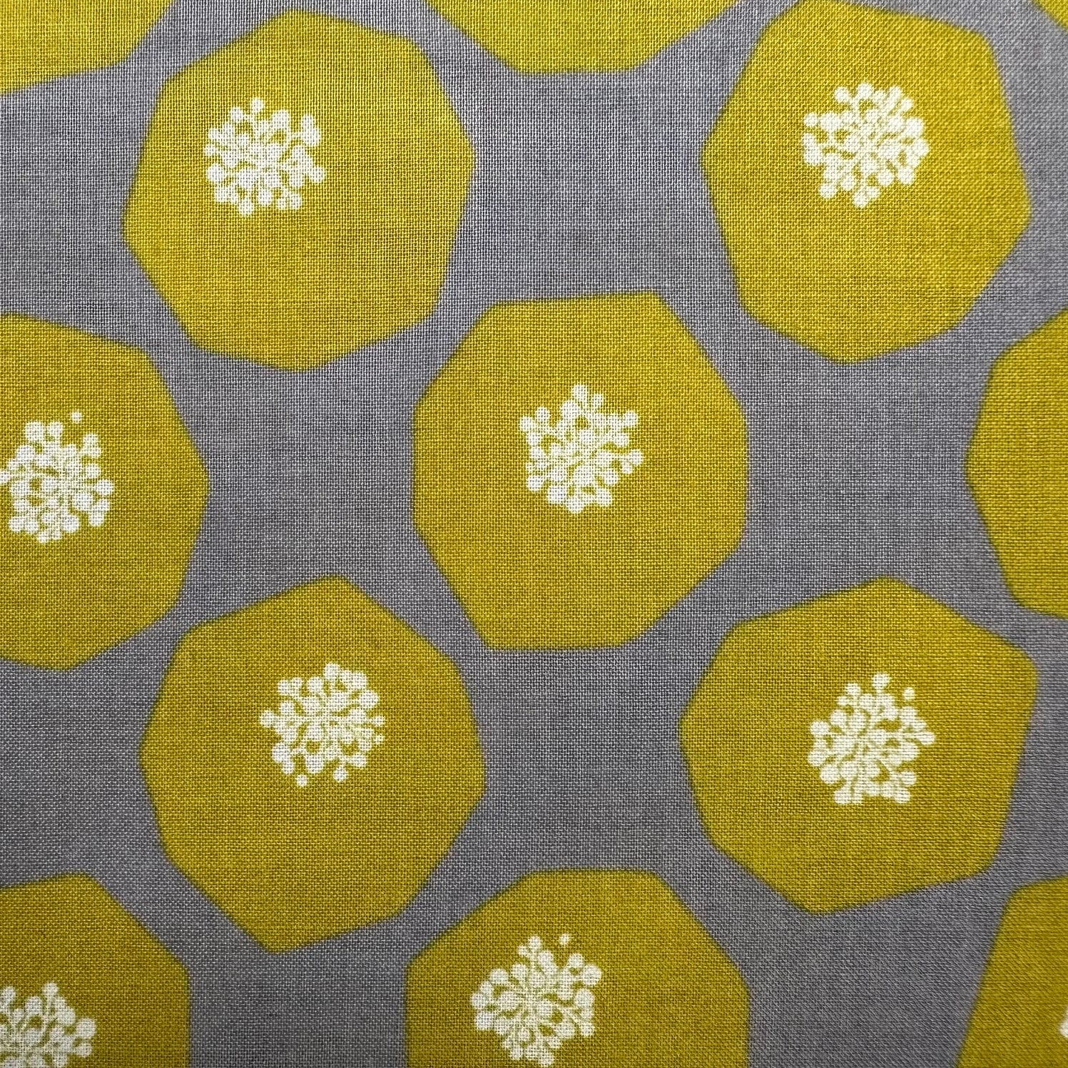 a repeating pattern of yellow octagonal shapes with white floral designs on a gray background.
